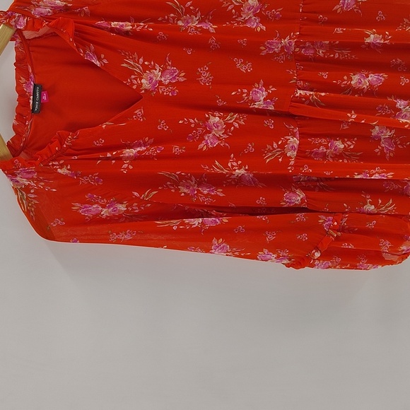 Vince Camuto Orange Floral Dress Size XL Sheer Long Sleeve Flowy V Neck Tiered - Picture 3 of 12